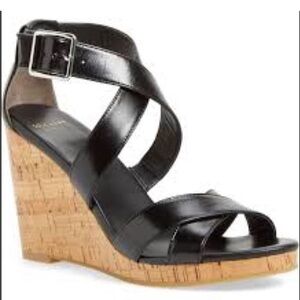 Cole Haan Jillian black leather strappy cork wedge sandals